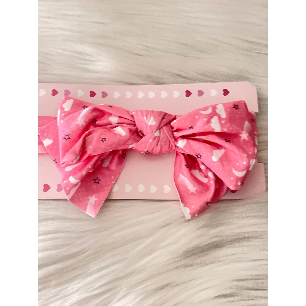 Baby Bow Bliss Pink knotted Headband Stretchy Soft Fabric White Celestial Print